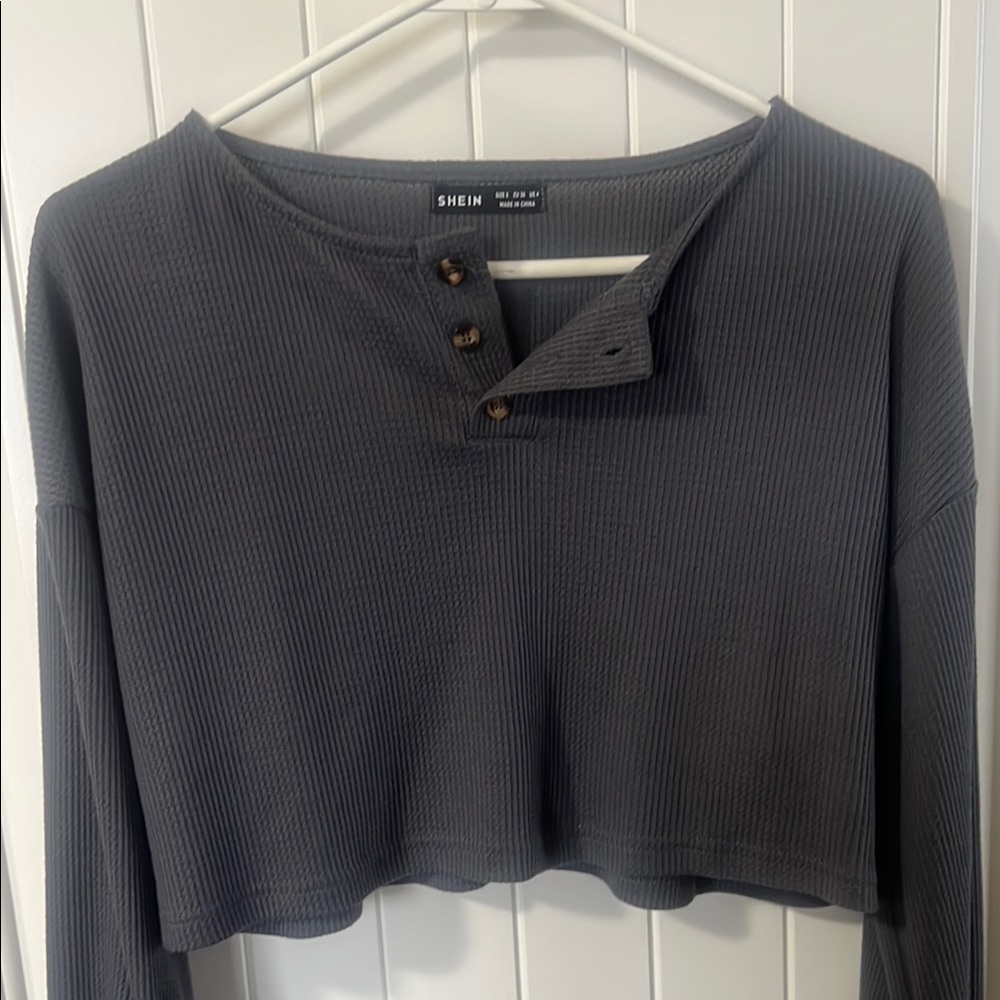 SHEIN Gray Polo Collar Long Sleeve Crop Sweatshirt